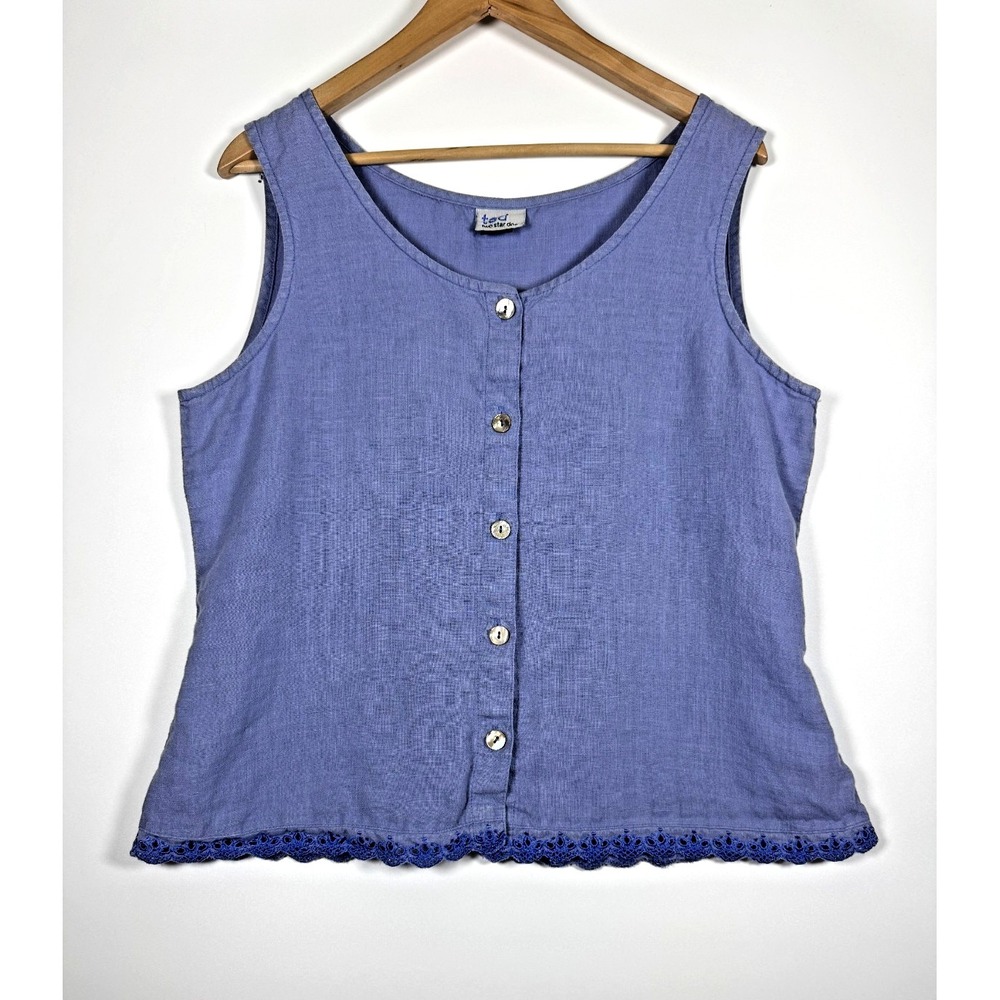 tsd Two Star Dog Tank Top Womens‎ Large Blue Hemp Button Front Made in USA